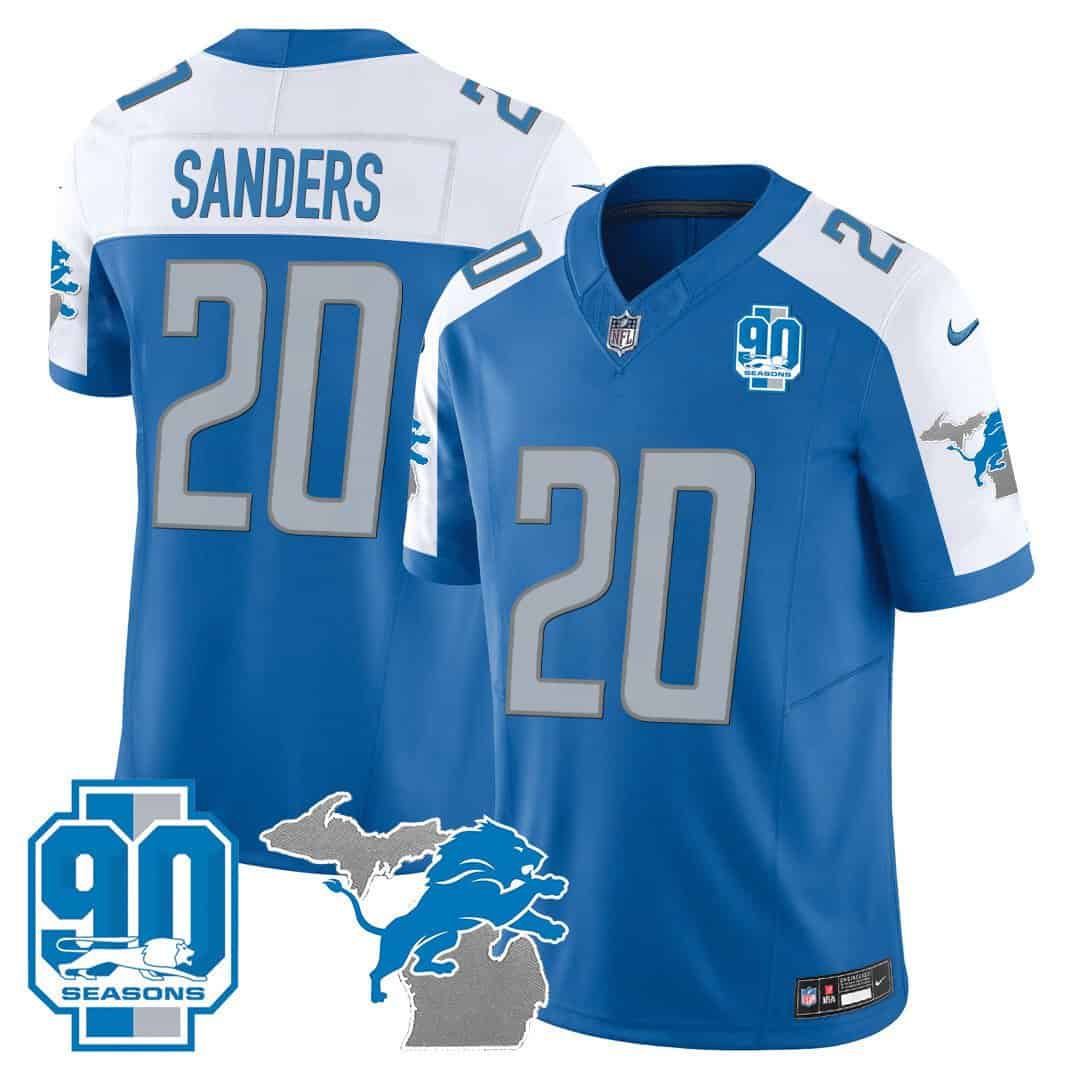 Men Detroit Lions 20 Sanders Blue 2024 Nike 90th Year Michigan Patch Vapor NFL Jersey